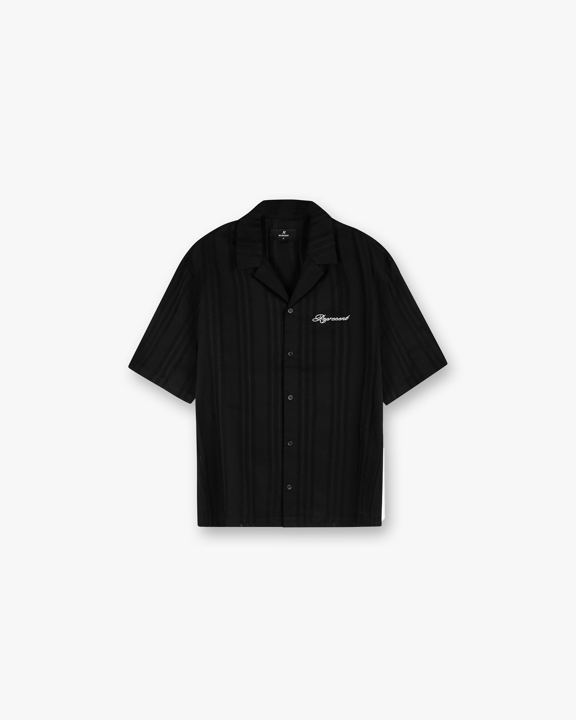 Front product image of a mens black shirt on a plain white background | Embroidered Bowling Shirt in Jet Black | Shirt with Represent Crest embroidery and dual chest pockets | SS25 Shirts | Represent Clo
