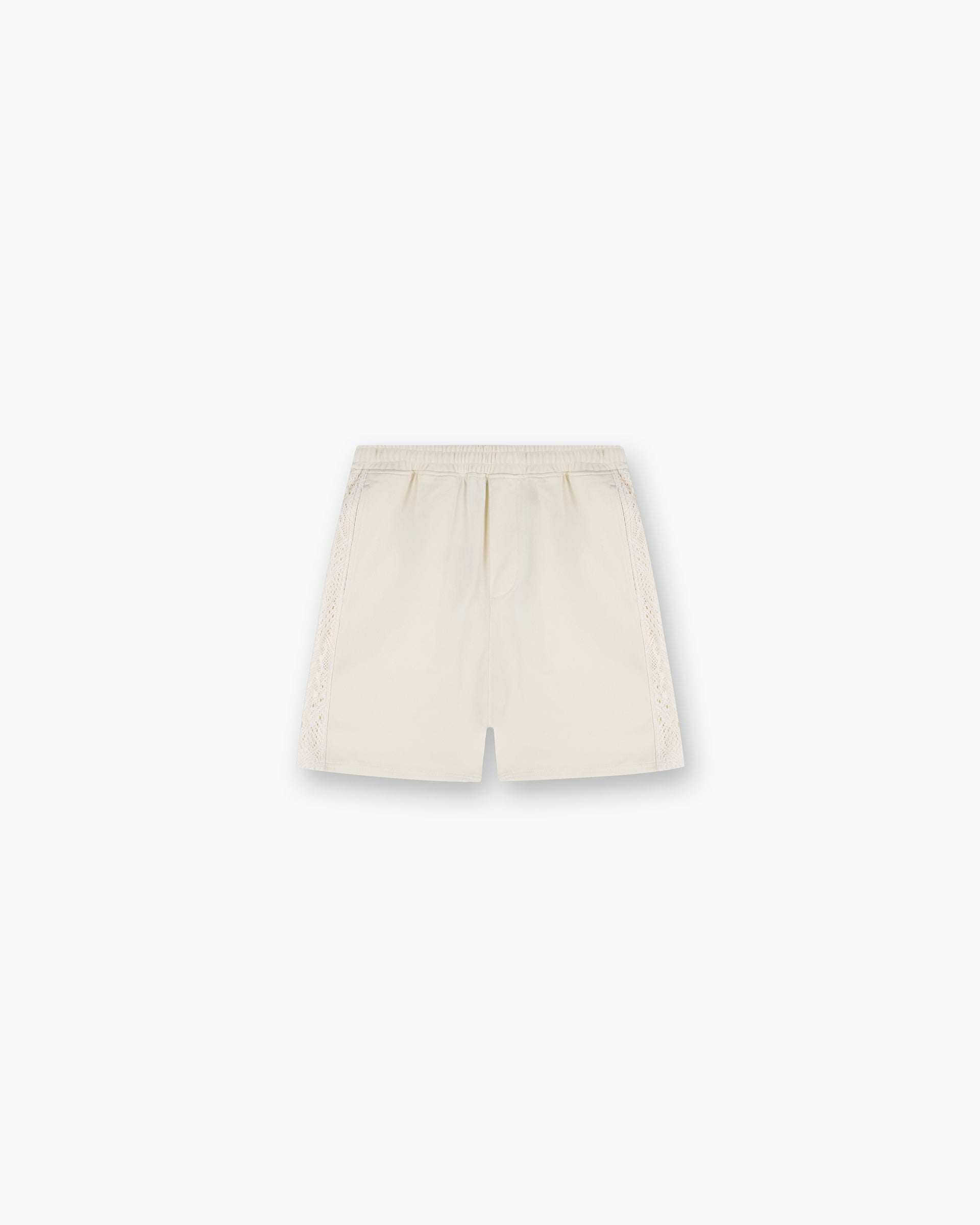 Front product image of mens white shorts on a plain white background | Knitted Panel Short in Antique White | Shorts with high-rise waist and straight leg fit | SS25 Shorts | Represent Clo