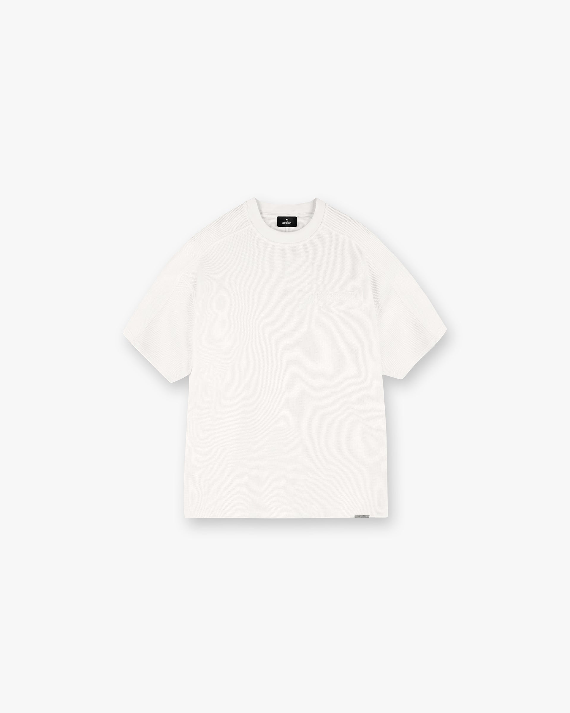 Front product image of a mens white t-shirt on a plain white background | Waffle T-Shirt in Flat White | Cotton t-shirt | SS25 T-Shirts | Represent Clo