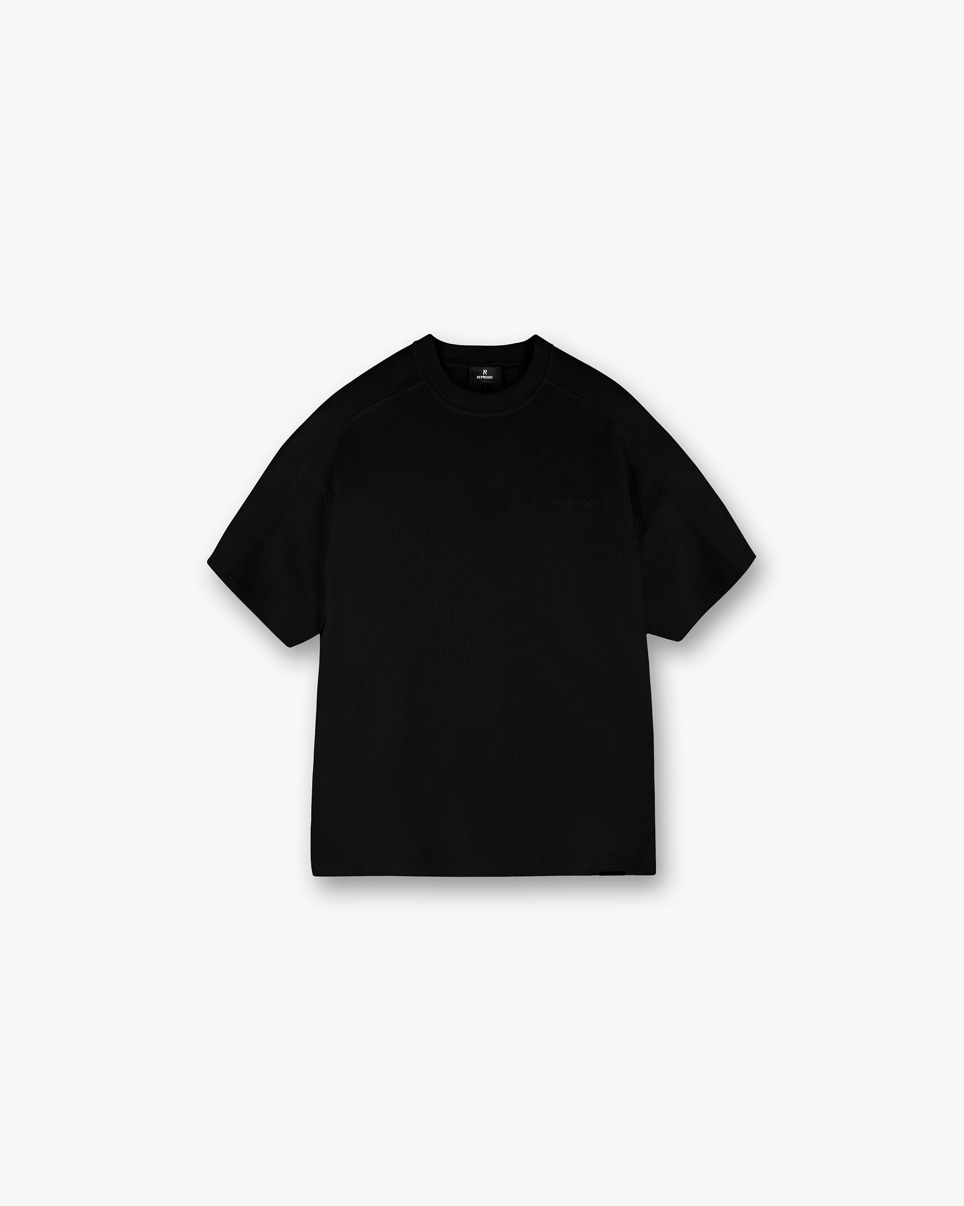 Front product image of a mens black t-shirt on a plain white background | Waffle T-Shirt in Jet Black | Jersey t-shirt | SS25 T-Shirts | Represent Clo