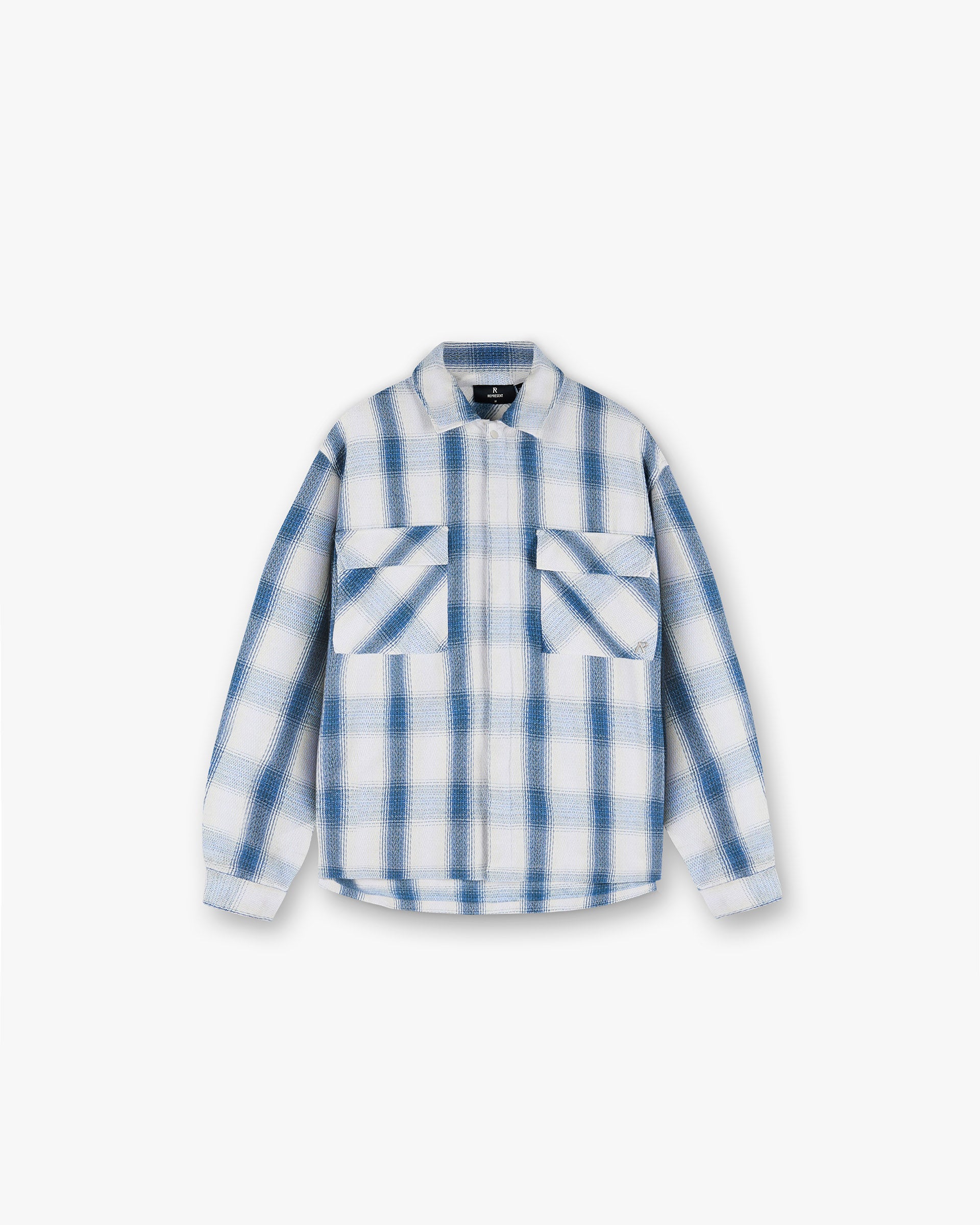 Front product image of a mens blue flannel shirt on a plain white background | Season Flannel Shirt in Mid Blue | Flannel shirt with classic design | SS25 Shirts | Represent Clo