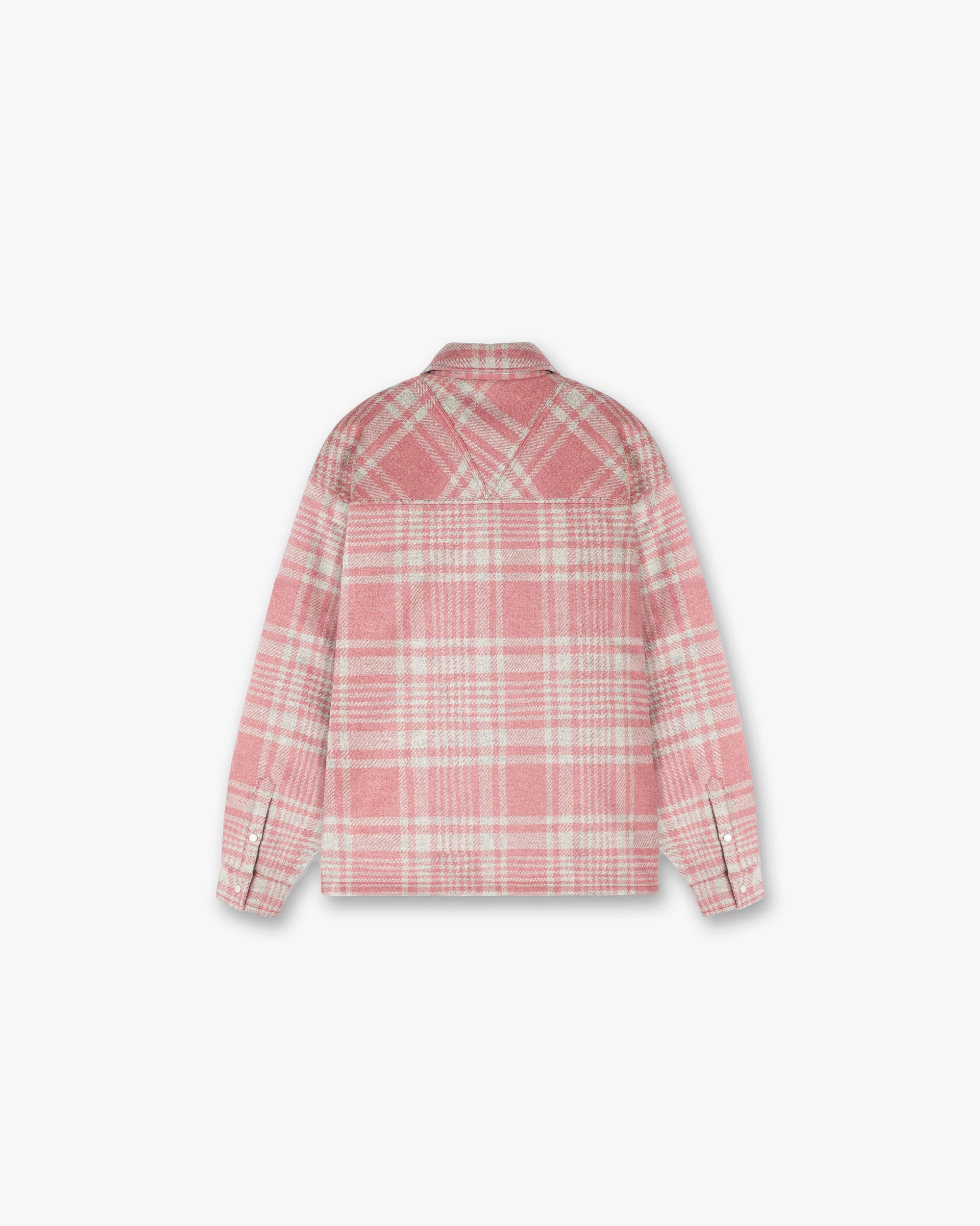 Back product image of a mens pink and grey checked shirt on a plain white background | Quilted Flannel Shirt in Pink Grey Check | Quilted flannel shirt with patch zip pockets and split hem | PRE SS24 Shirts | Represent Clo