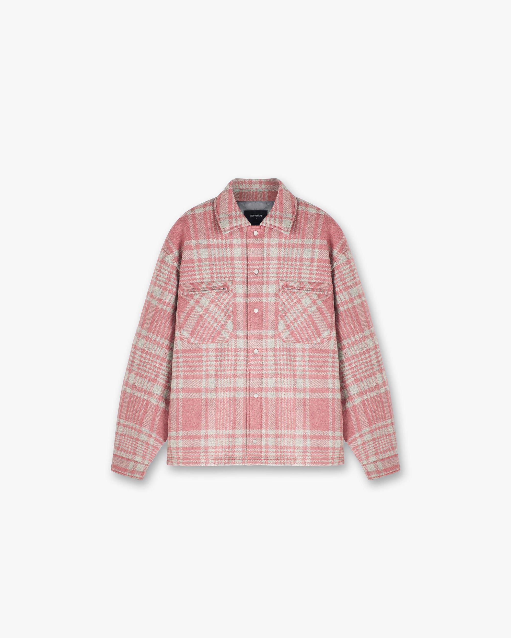 Front product image of a mens pink and grey check flannel shirt on a plain white background | Quilted Flannel Shirt in Pink Grey Check | Quilted check shirt with luxury heavyweight cotton | PRE SS24 Shirts | Represent Clo