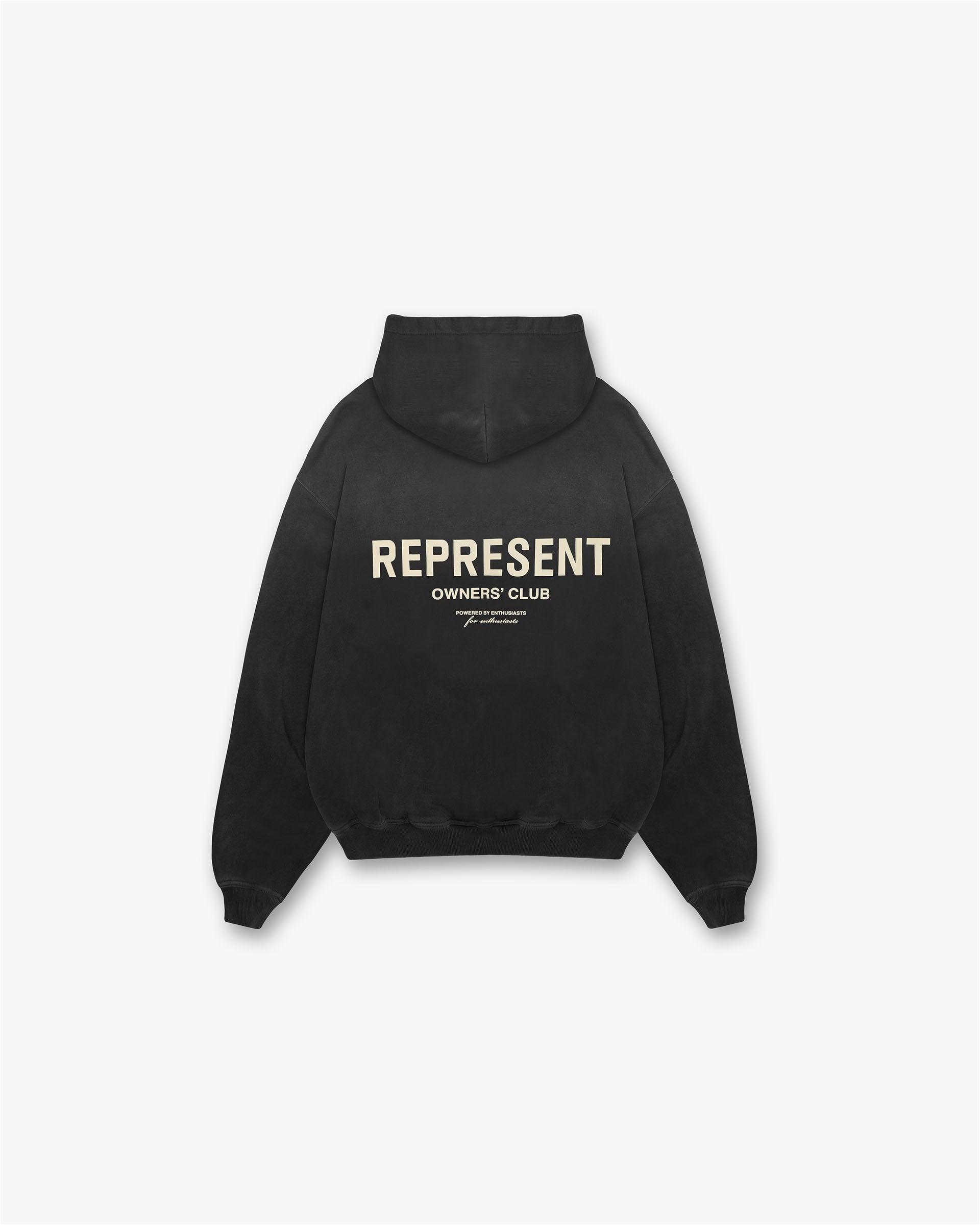 Front product image of a mens black hoodie on a plain white background | Represent Owners Club Hoodie in Aged Black | Hoodie with ribbed cuffs and cracked graphic | Owners Club Hoodies | Represent Clo