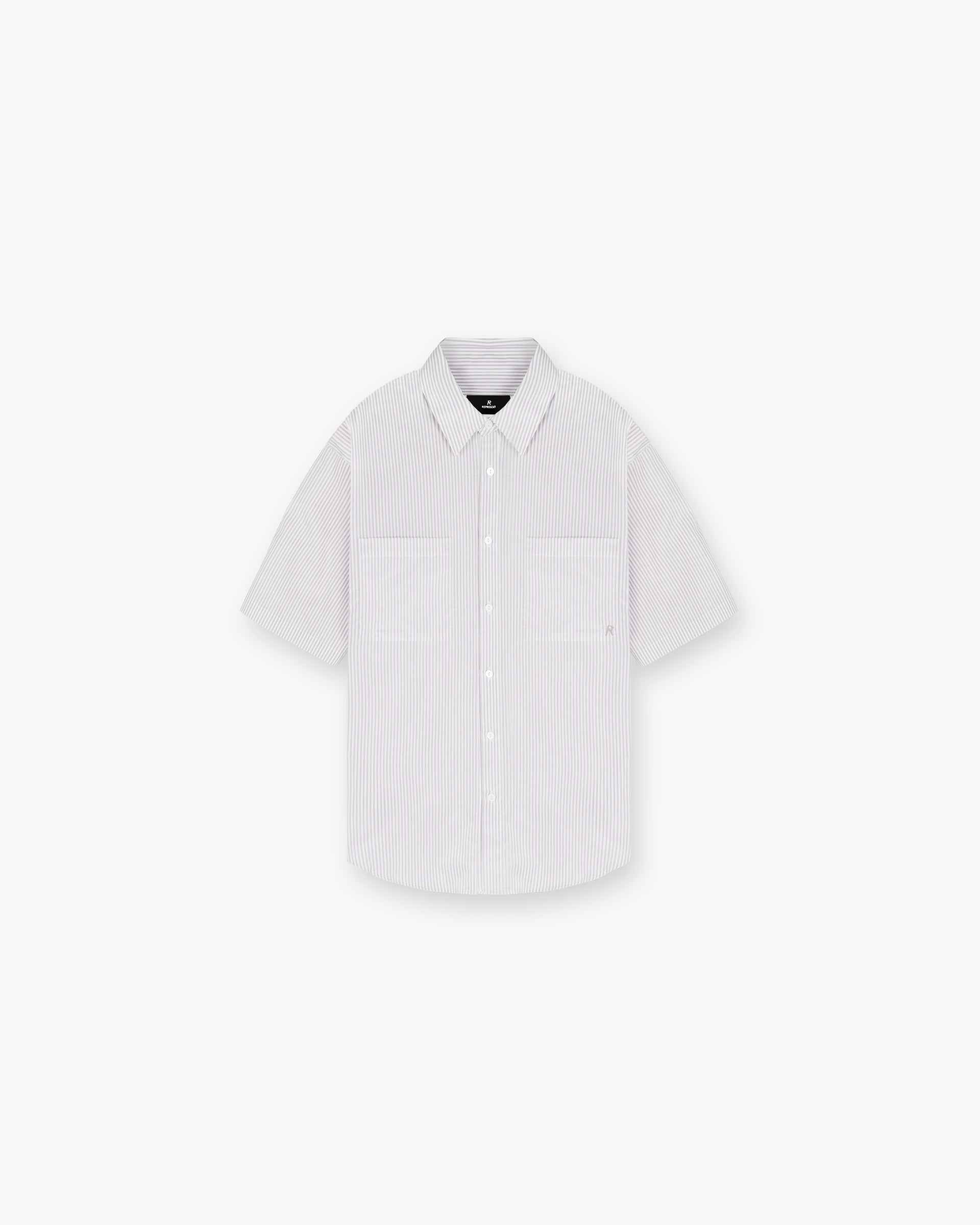 Front product image of a mens grey short sleeve shirt on a plain white background | Short Sleeve Pinstripe Shirt in Grey | Pinstripe design with short sleeves | SC24 Shirts | Represent Clo