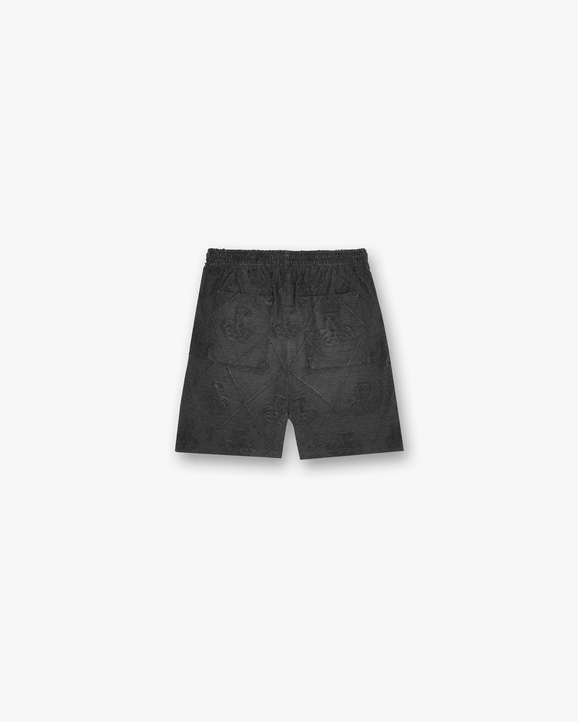 Back product image of mens black shorts on a plain white background | Towelling Short in Jet Black | Shorts with elasticated waistband and drawcord | SC24 Shorts | Represent Clo