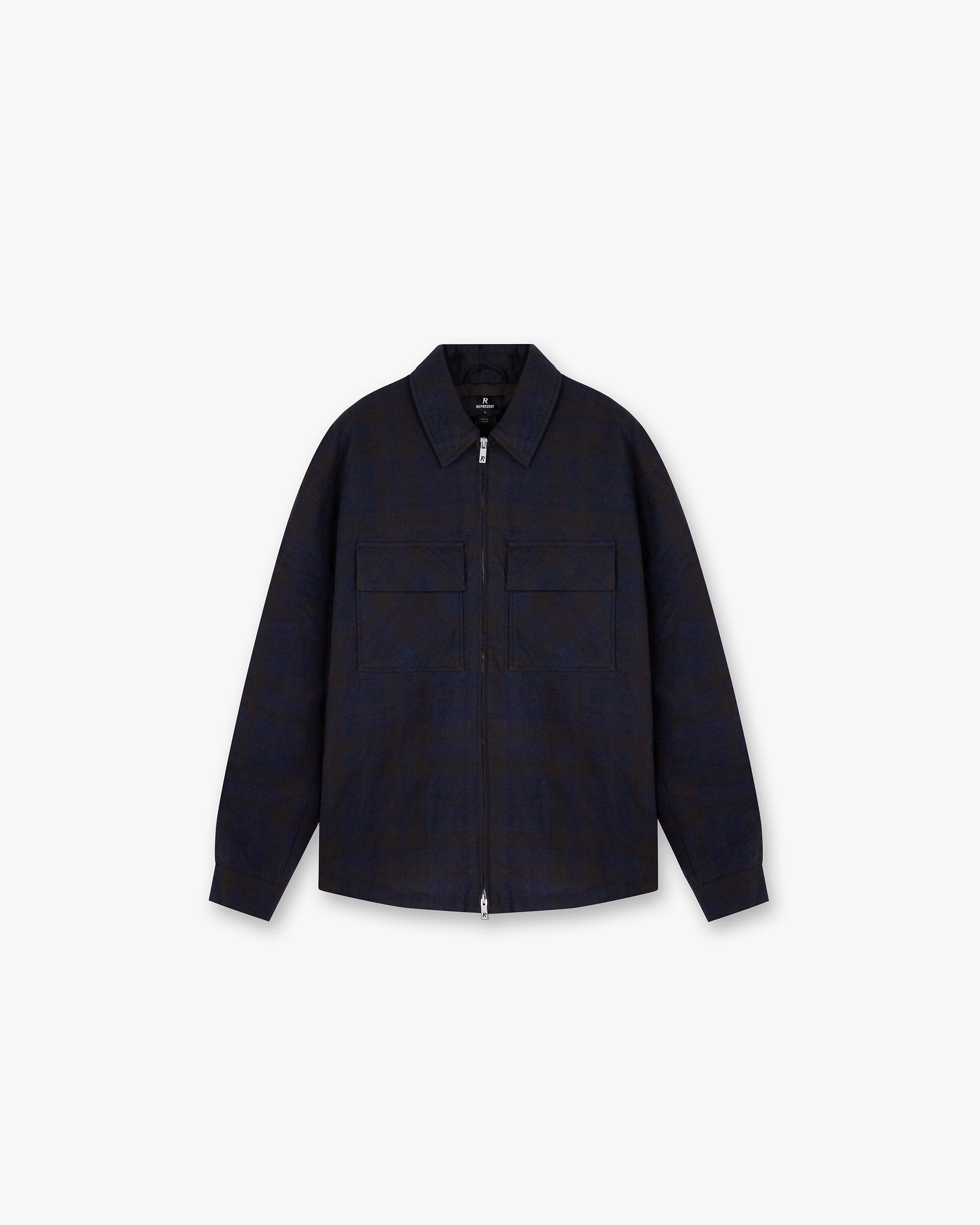 Front product image of a mens navy overshirt on a plain white background | Wadded Zip Overshirt in Midnight Navy | Overshirt with zip closure | FW24 Shirts | Represent Clo
